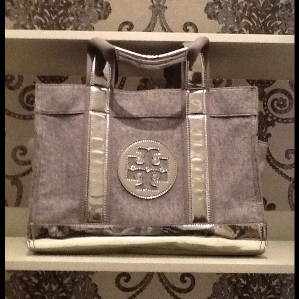 Tory Burch Gray and Silver  Flannel Tote Bag